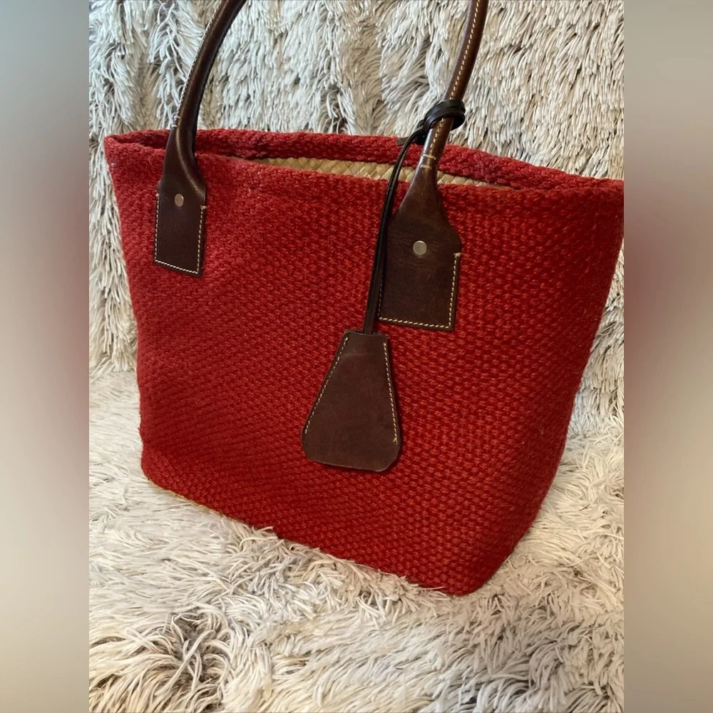 GAP Red Woven Tote with Brown Leather Handles